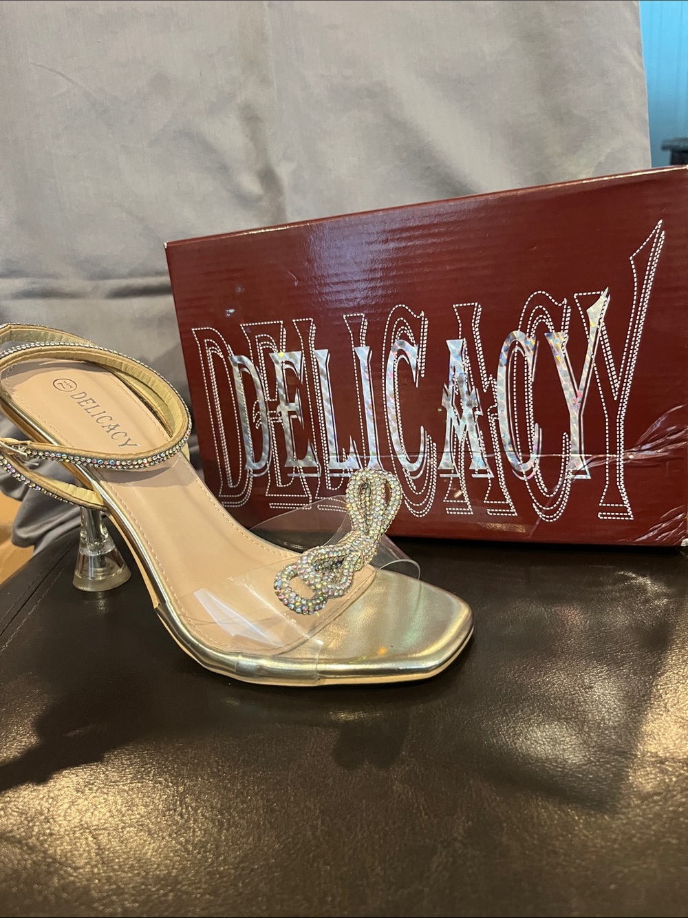 Delicacy Gold Rhinestone Clear-Strap Heeled Sandals